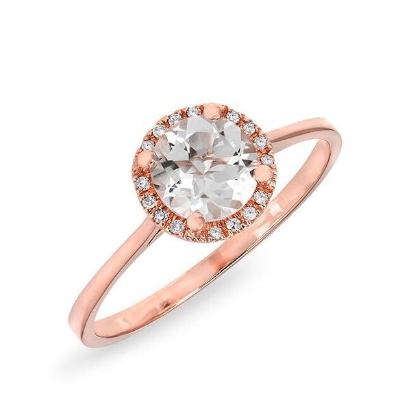 14KT Rose Gold White Topaz Solitaire Diamond Halo Ring