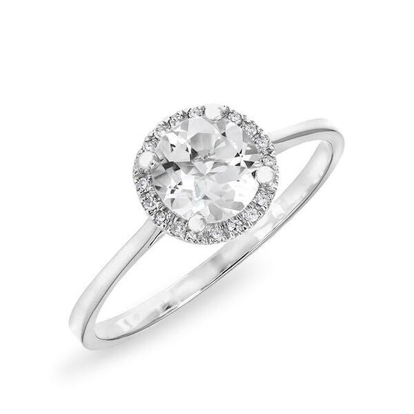 14KT White Gold White Topaz Solitaire Diamond Halo Ring