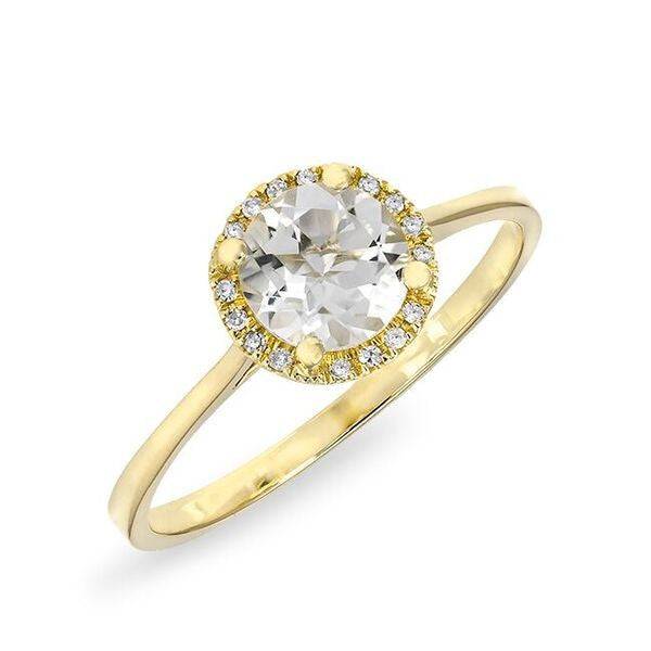 14KT Yellow Gold White Topaz Solitaire Diamond Halo Ring