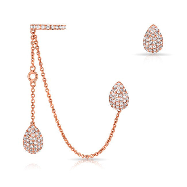 14KT Rose Gold Diamond Pear Stud and Ear Cuff Chain Earrings