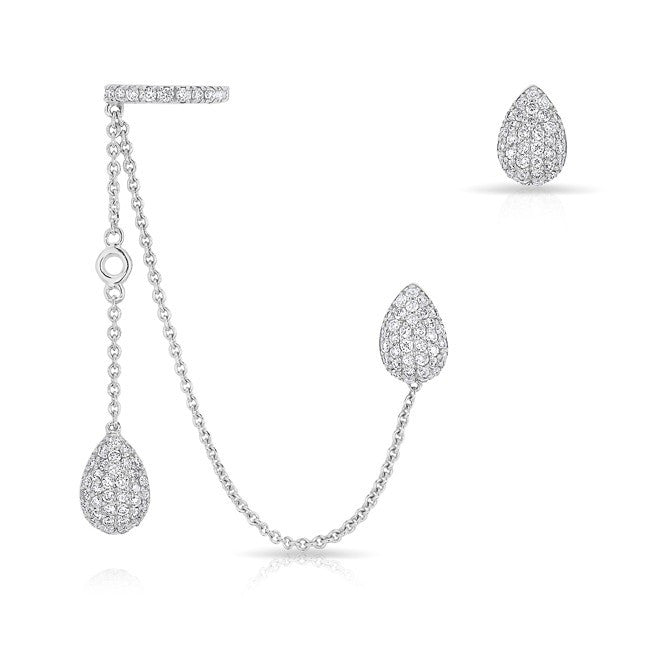 14KT White Gold Diamond Pear Stud and Ear Cuff Chain Earrings