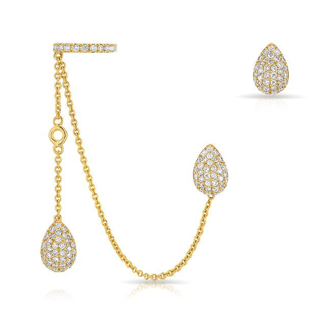 14KT Yellow Gold Diamond Pear Stud and Ear Cuff Chain Earrings