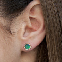 14KT Yellow Gold Opal Diamond Hexagon Stud Earrings