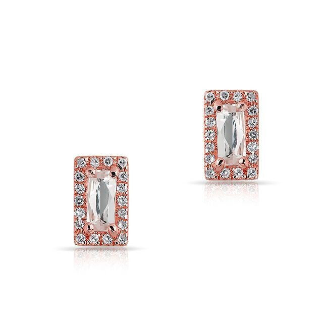 14KT Rose Gold White Topaz Diamond Mini Rectangle Stud Earrings