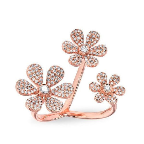 14KT Rose Gold Diamond Floating Triple Daisy Flower Ring