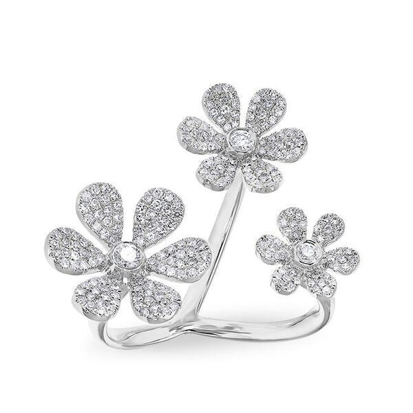 14KT White Gold Diamond Floating Triple Daisy Flower Ring