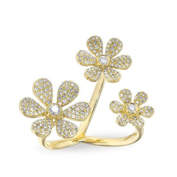 14KT Yellow Gold Diamond Floating Triple Daisy Flower Ring