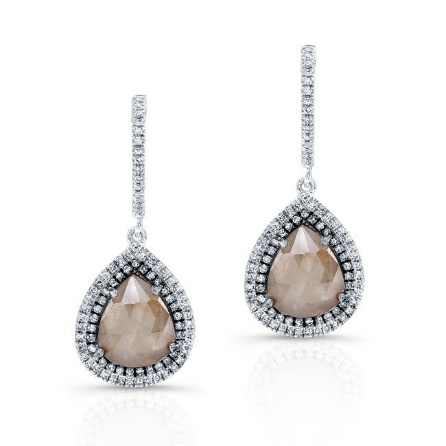 14KT White Gold Pear Shape Raw Diamond Double Halo Earrings