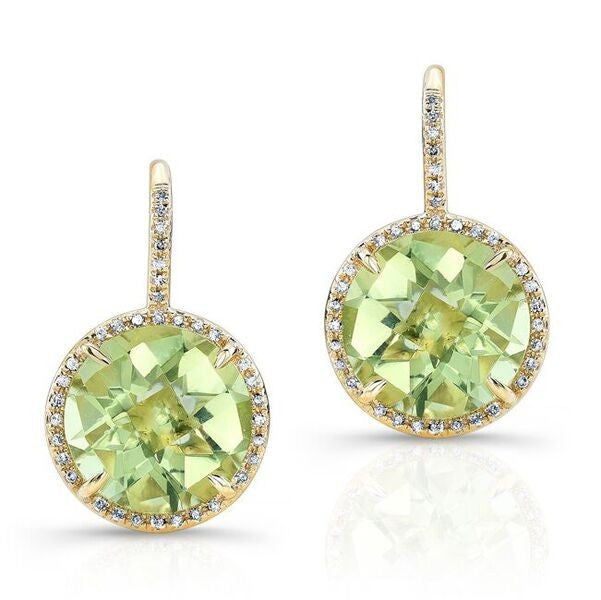 14KT Yellow Gold Green Amethyst Diamond Round Earrings