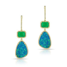 14KT Yellow Gold Emerald And Opal Diamond Drop Earrings