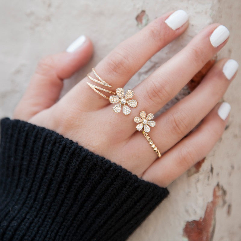 14KT Yellow Gold Diamond Floating Double Daisy Flower Ring