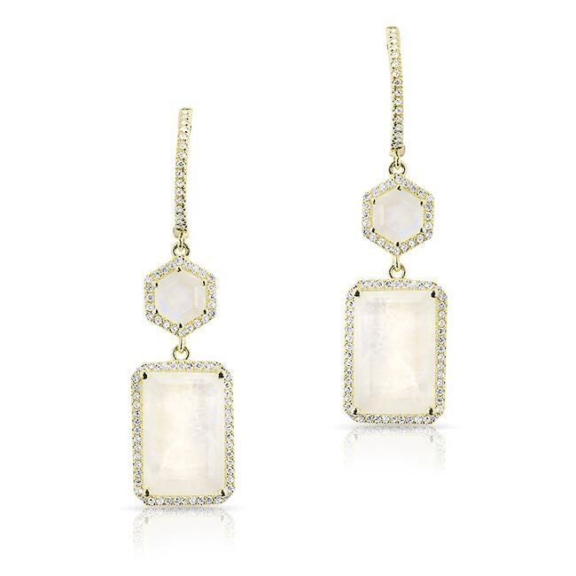 14KT Yellow Gold Moonstone Diamond Mini Geometric Earrings