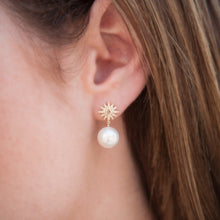 14KT Rose Gold Diamond Sunburst Pearl Drop Stud Earrings