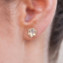 14KT Yellow Gold Moonstone Diamond Hexagon Stud Earrings
