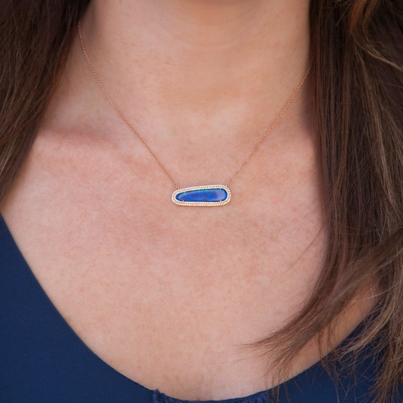 14KT Rose Gold One Of A Kind Opal Diamond Oval Double Halo Necklace