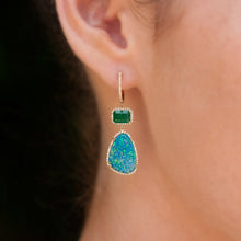 14KT Yellow Gold Emerald And Long Opal Diamond Earrings