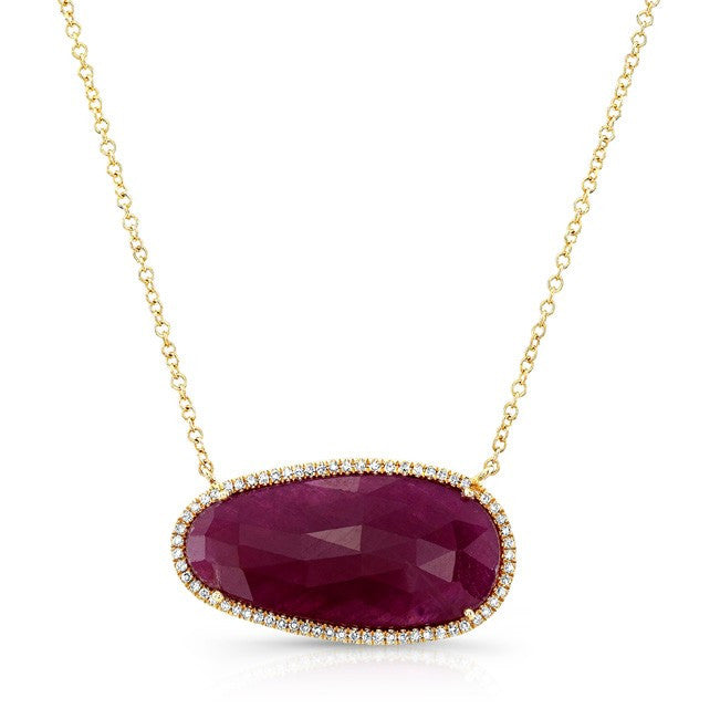 14KT Yellow Gold Oval Ruby Diamond Necklace
