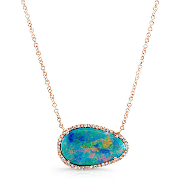 14KT Rose Gold Elegant Opal Diamond Necklace