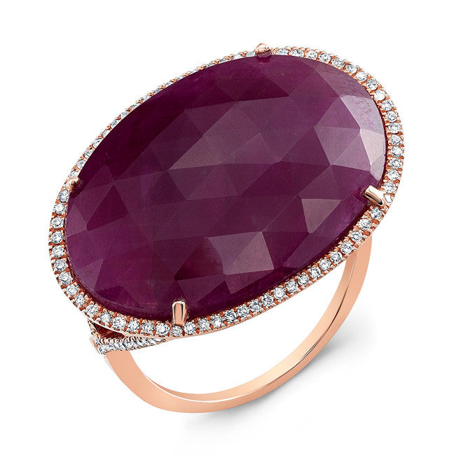 14KT Rose Gold Oval Ruby Diamond Cocktail Ring