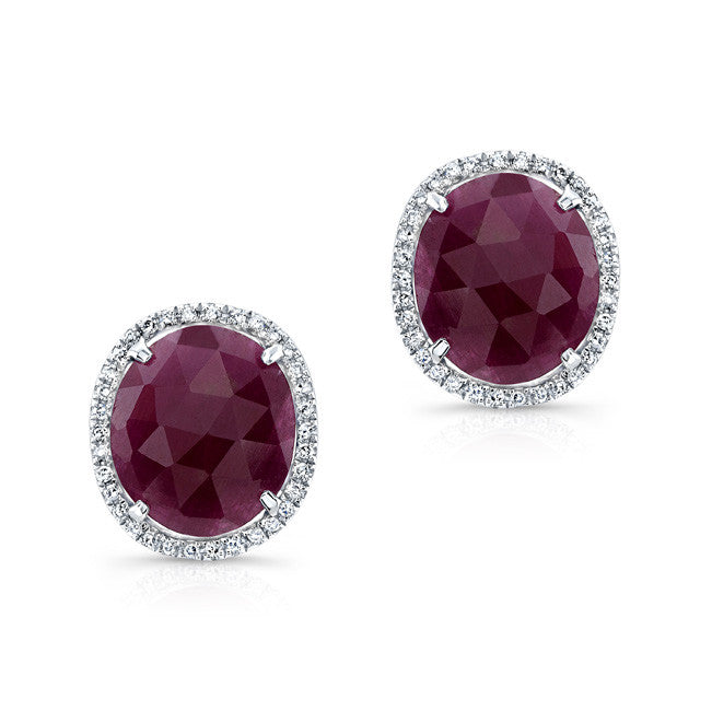 14KT White Gold Organic Ruby Diamond Stud Earrings