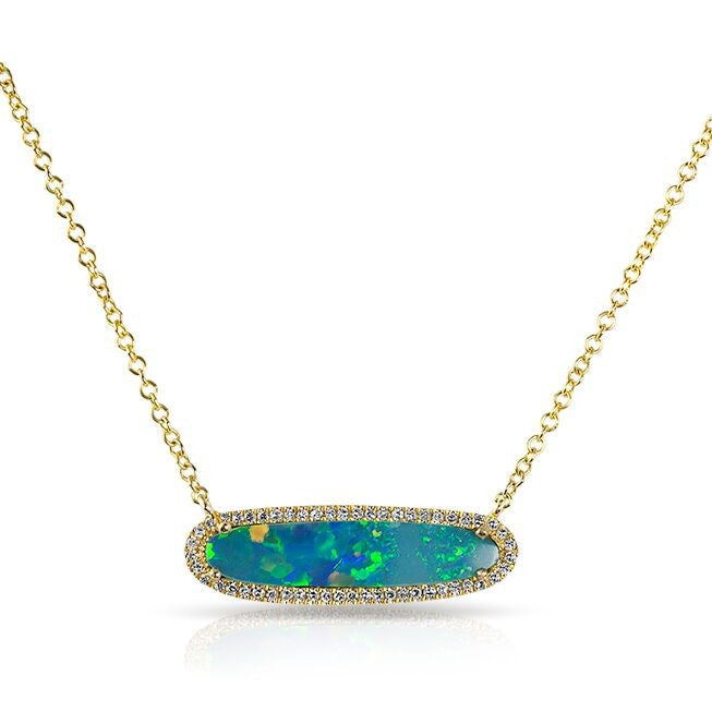 14KT Yellow Gold Organic Oval Opal Diamond Necklace