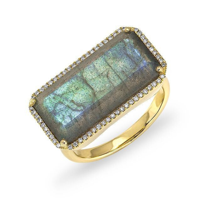 14KT Yellow Gold Labradorite Diamond Long Rectangle Cocktail Ring