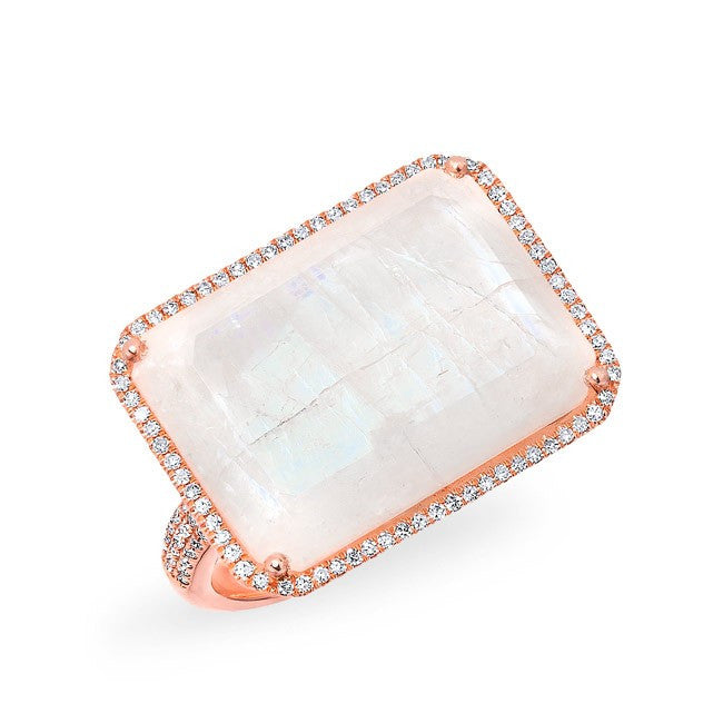 14KT Rose Gold Moonstone Diamond Rectangle Cocktail Ring