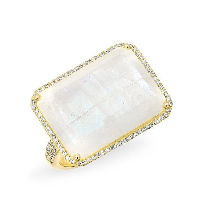 14KT Yellow Gold Moonstone Diamond Rectangle Cocktail Ring