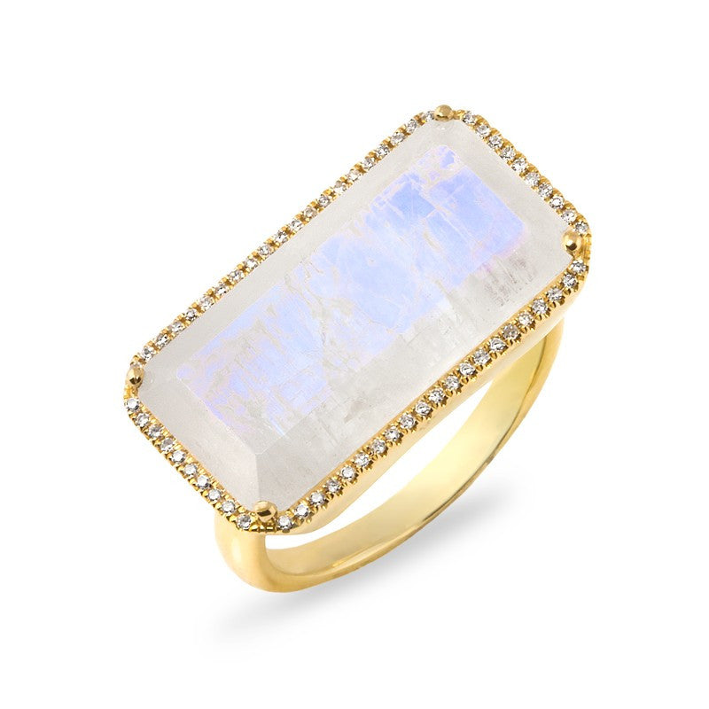 14KT Yellow Gold Moonstone Diamond Long Rectangle Cocktail Ring
