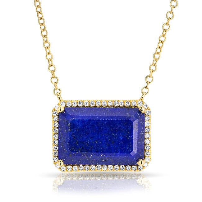 14KT Yellow Gold Lapis Diamond Rectangle Necklace
