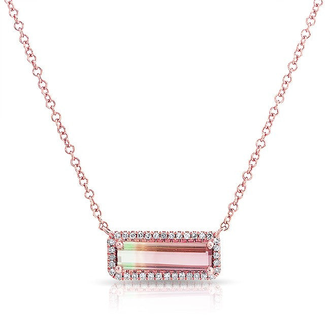 14KT Rose Gold Watermelon Tourmaline Short Diamond Bar Necklace