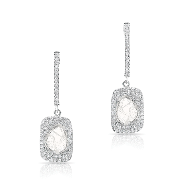 14KT White Gold Diamond Slice Rectangle Eyelet Earrings