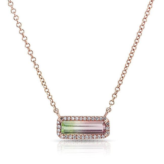 14KT Rose Gold Mini Watermelon Tourmaline Diamond Bar Necklace