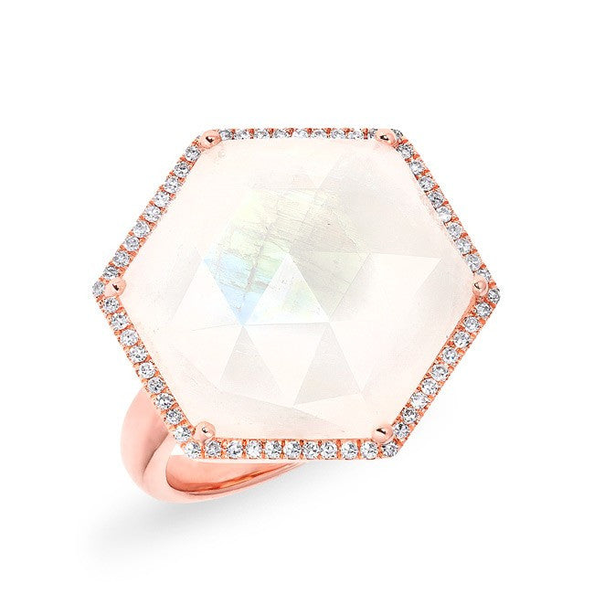 14KT Rose Gold Moonstone Diamond Hexagon Cocktail Ring