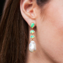14KT Yellow Gold Triple Drop Opal Pearl Diamond Earrings
