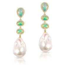 14KT Yellow Gold Triple Drop Opal Pearl Diamond Earrings