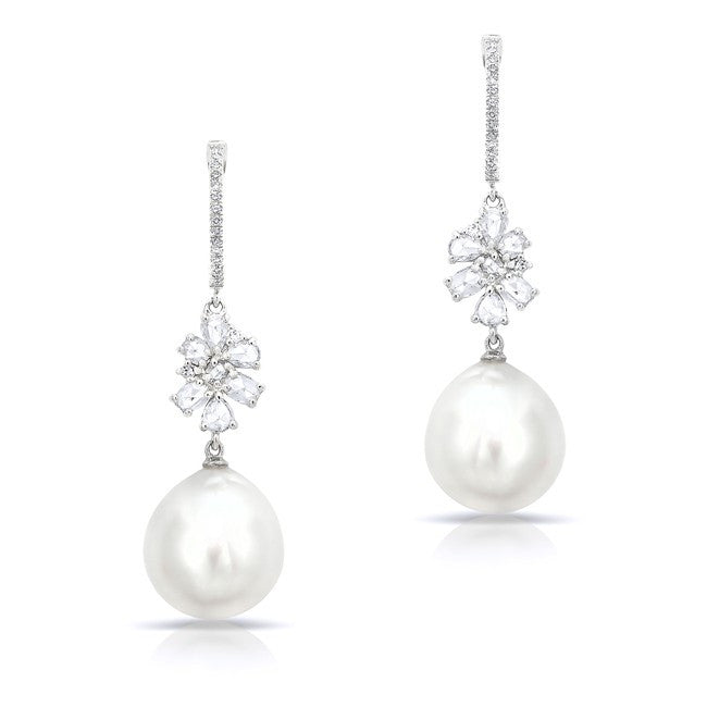 14KT White Gold Diamond Cluster and Pearl Drop Earrings
