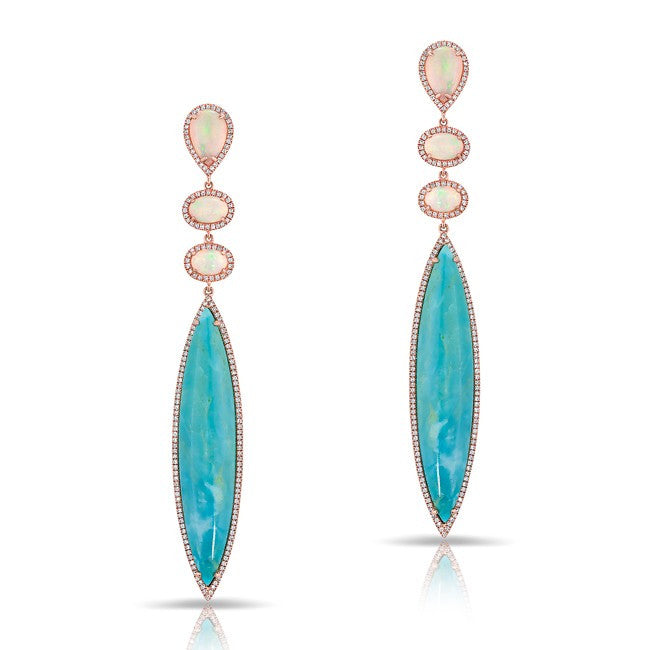 14KT Rose Gold Turquoise Diamond Petal Opal Triple Drop Earrings
