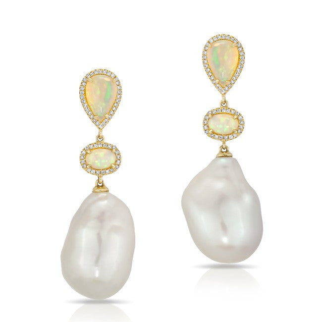 14KT Yellow Gold Double Drop Opal Pearl Diamond Earrings