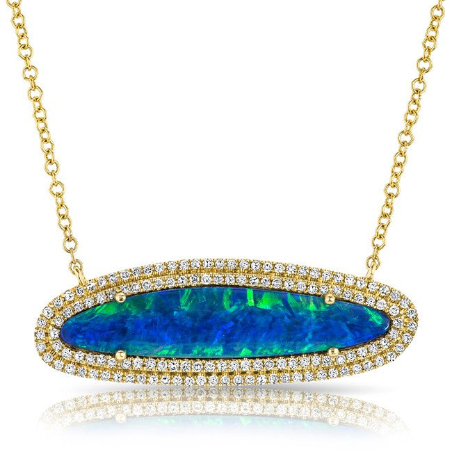 14KT Yellow Gold One Of A Kind Opal Diamond Oval Double Halo Necklace