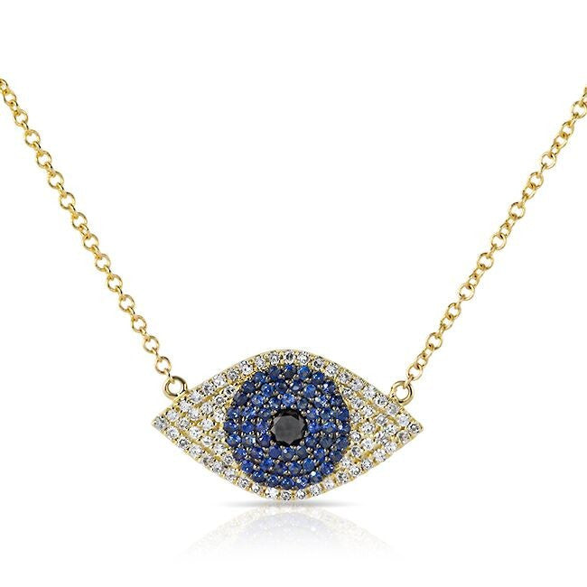 14KT Yellow Gold Blue Sapphire Diamond Evil Eye Necklace