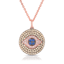 14KT Rose Gold Champagne Diamond and Sapphire Evil Eye Disc Necklace