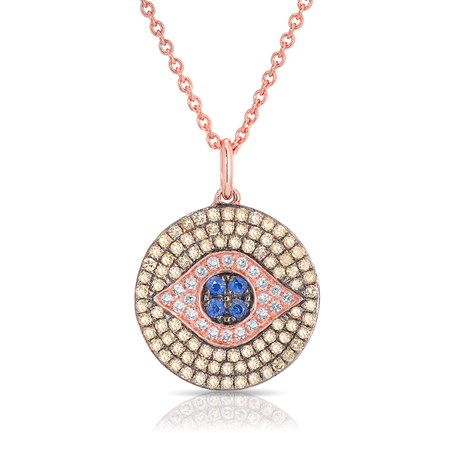 14KT Rose Gold Champagne Diamond and Sapphire Evil Eye Disc Necklace