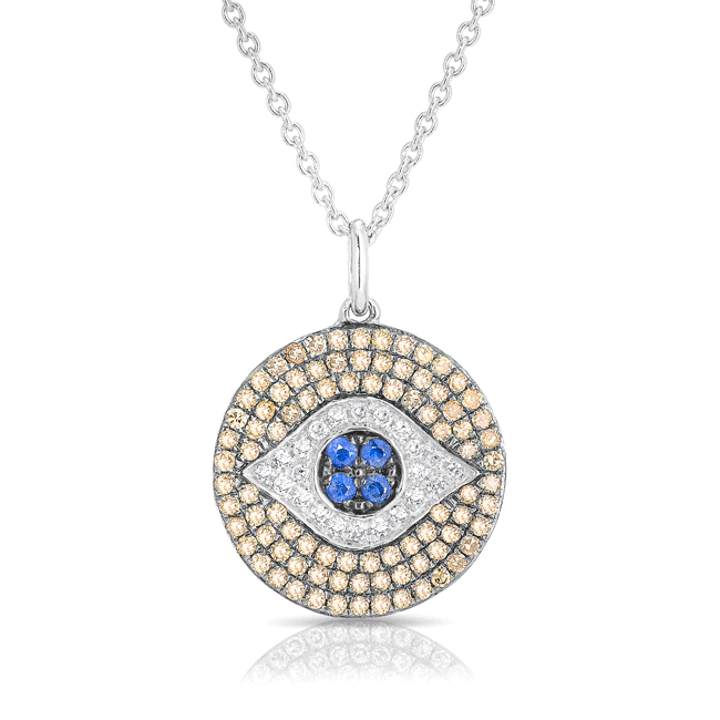 14KT White Gold Champagne Diamond and Sapphire Evil Eye Disc Necklace