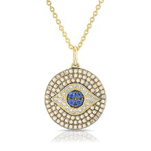 14KT Yellow Gold Champagne Diamond and Sapphire Evil Eye Disc Necklace