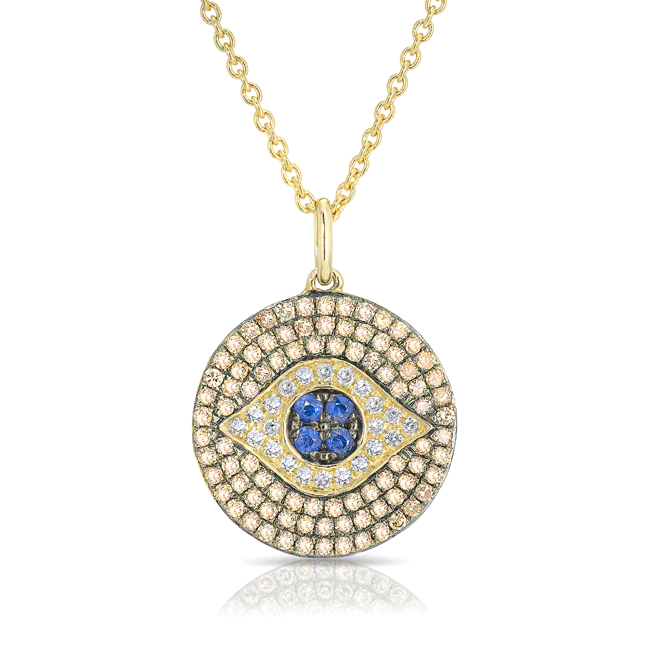 14KT Yellow Gold Champagne Diamond and Sapphire Evil Eye Disc Necklace