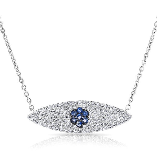 14KT White Gold Diamond And Sapphire Large Evil Eye Necklace