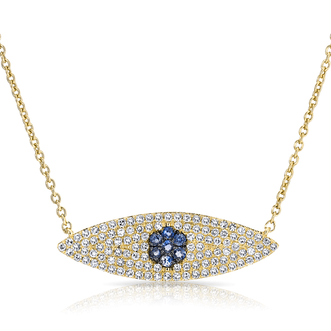 14KT Yellow Gold Diamond And Sapphire Large Evil Eye Necklace