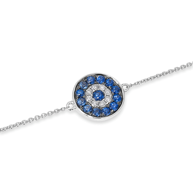 14KT White Gold Sapphire and Diamond Evil Eye Disc Bracelet