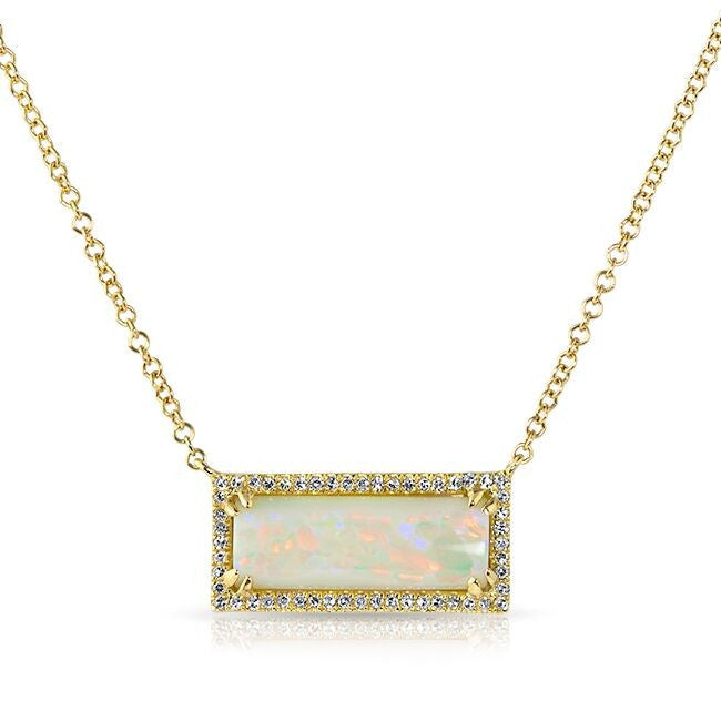 14KT Yellow Gold White Opal Diamond Block Necklace